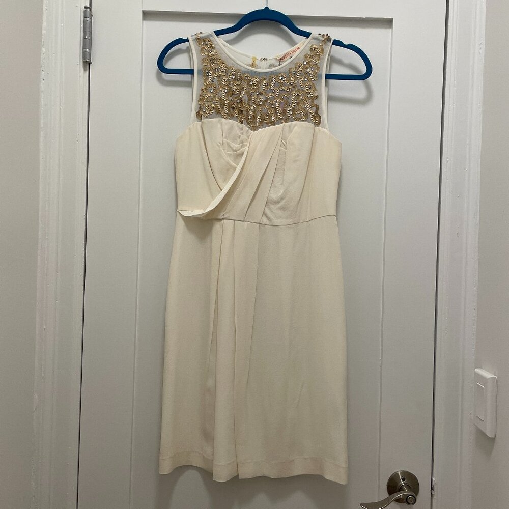NWT Rebecca Taylor Ivory Silk Shift Cocktail Mini Dress with Gold Sequins (sz 4)